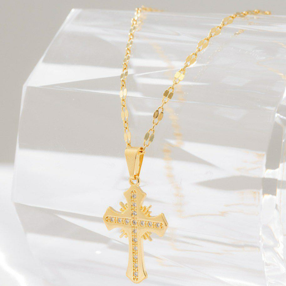 Cadena Espejo Cuadrada 65 Cms + Dije Cruz Sagrada Circonias Cristal