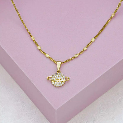 Cadena Cubana Con Destellos 45Cm + Dije Saturn Circonias Cristal