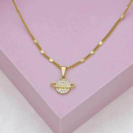 Cadena Cubana Con Destellos 45Cm + Dije Saturn Circonias Cristal